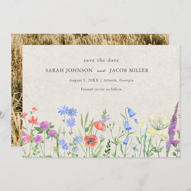 Wildflower Boho Wedding Photo  Save The Date (Front/Back)