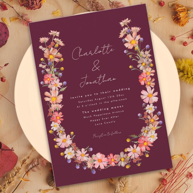 Wildflower Boho Wreath Burgundy Fall Wedding Invitation (Romantic boho wildflower wreath burgundy fall wedding invitation with whimsical script )