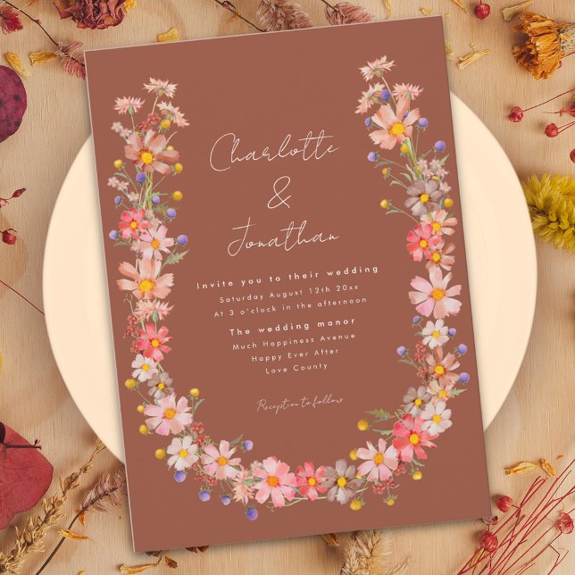 Wildflower Boho Wreath Burnt Orange Fall Wedding Invitation (Wildflower boho wreath burnt orange terracotta fall wedding invitation with whimsical script )