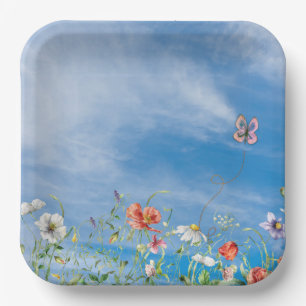 Wildflower Border On Summer Sky Paper Plate