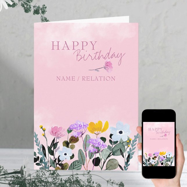 Wildflower Border Pink Watercolor Birthday Card (Creator Uploaded)