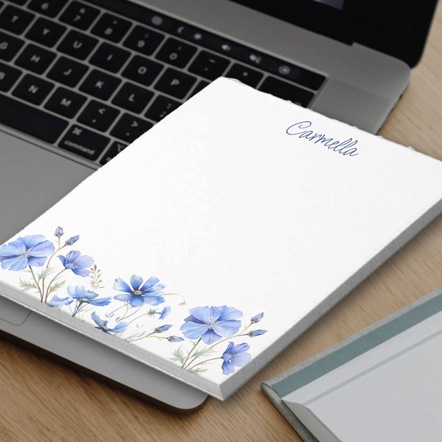 Wildflower Border Pretty Blue Flowers Personalised Notepad (Personalized notepad with border of blue wildflowers)