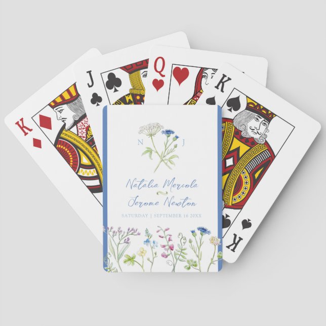 Wildflower botanic blue watercolor wedding playing cards (Back)
