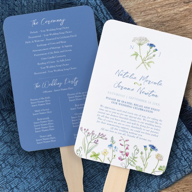 Wildflower botanic blue watercolor wedding program hand fan (Creator Uploaded)