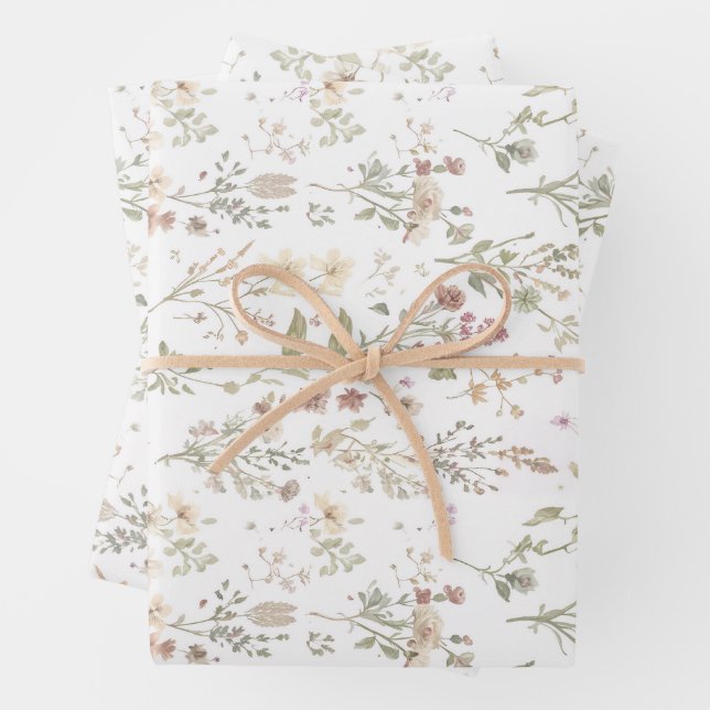 Wildflower botanical baby shower wrapping paper sheet (In situ)