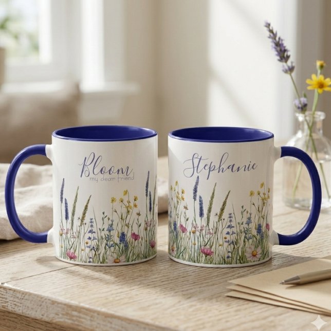 Wildflower Botanical Best Friend Bloom Mug (Two wildflower mugs on a wooden desk, a lovely birthday gift for a best friend to enjoy.)