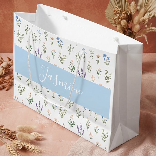 Wildflower Botanical Blue Lavender Monogram Name Large Gift Bag (Creator Uploaded)
