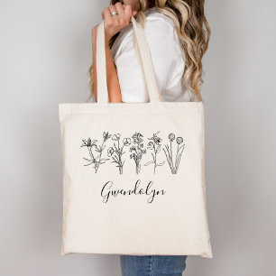 Wildflower Botanical Boho Floral Garden With Name Tote Bag