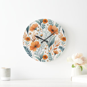 Wildflower Botanical Boho Floral Watercolor Large Clock