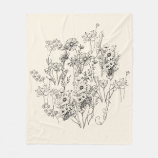 Wildflower Botanical Line Art, Floral Illustration Fleece Blanket