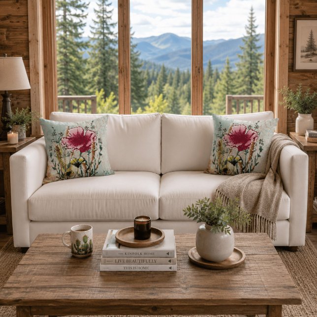 Wildflower Botanical Throw Pillow (White sofa with matching wildflower botanical throw pillows in a bright contemporary cabin.)