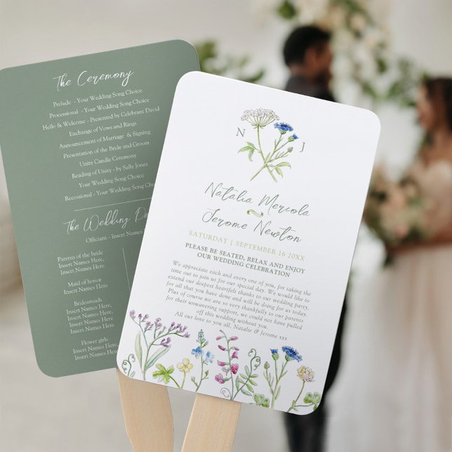 Wildflower botanical watercolor wedding program hand fan (Creator Uploaded)