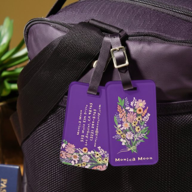 Wildflower Bouquet Handpainted Gouache Custom Name Luggage Tag (Wildflower Bouquet Purple Handpainted Gouache Custom Name Luggage Tag
)