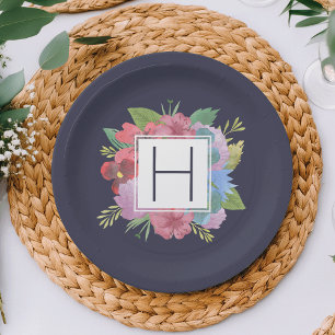 Wildflower Bouquet Navy Monogram Paper Plate