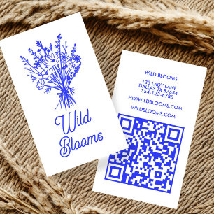 Wildflower Bouquet Rustic Minimal Floral Blue QR  Business Card
