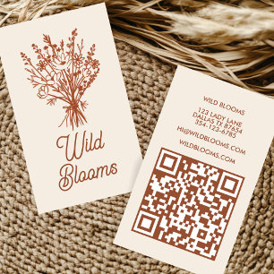 Wildflower Bouquet Rustic Minimal Floral Brown QR Business Card