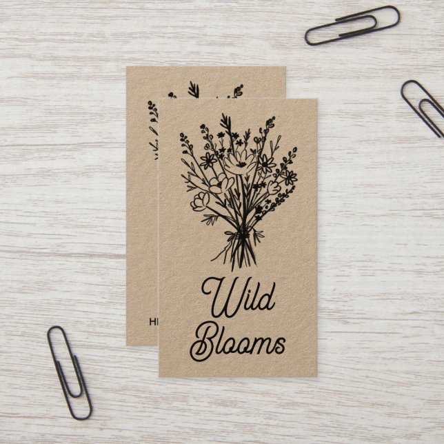 Wildflower Bouquet Rustic Minimal Floral Kraft  Business Card (Front/Back In Situ)
