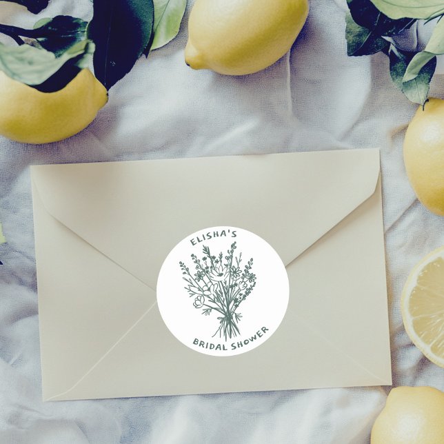 Wildflower Bouquet Rustic Whimsical Bridal Shower  Classic Round Sticker (Wildflower Bouquet Rustic Whimsical Bridal Shower Sage Classic Round Sticker
)