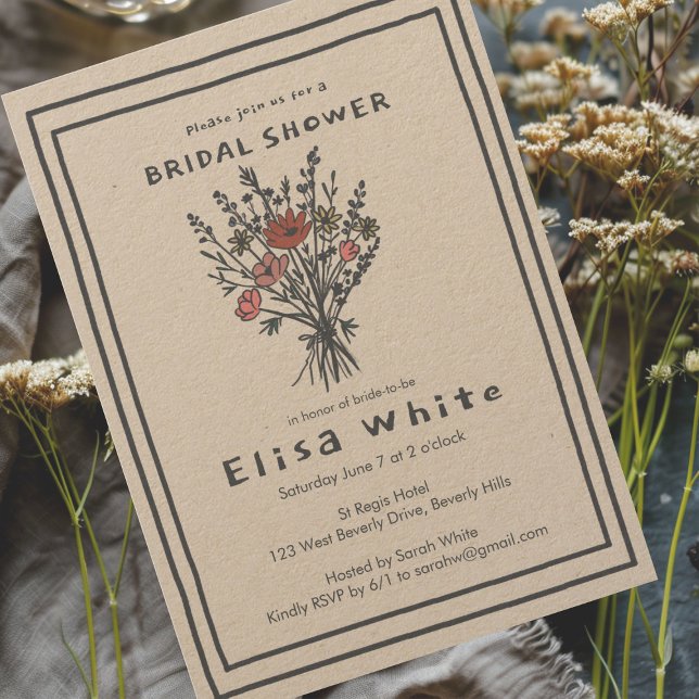 Wildflower Bouquet Rustic Whimsical Bridal Shower  Invitation (Wildflower Bouquet Rustic Whimsical Bridal Shower Kraft Paper Invitation
)