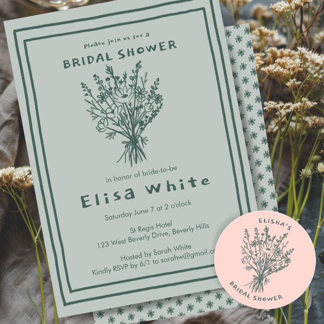 Wildflower Bouquet Rustic Whimsical Bridal Shower Invitation (Wildflower Bouquet Rustic Whimsical Bridal Shower Invitation Green Doodle Scribble)
