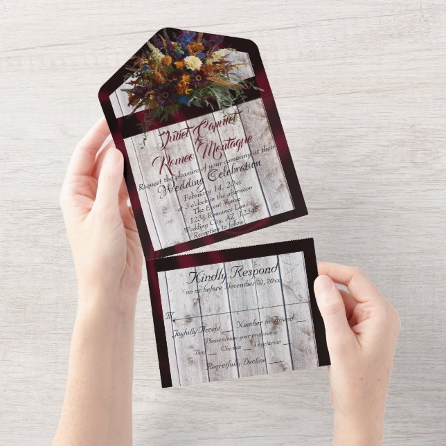 Wildflower Bouquet with Burgundy Ribbon Wedding  All In One Invitation (Tearaway)