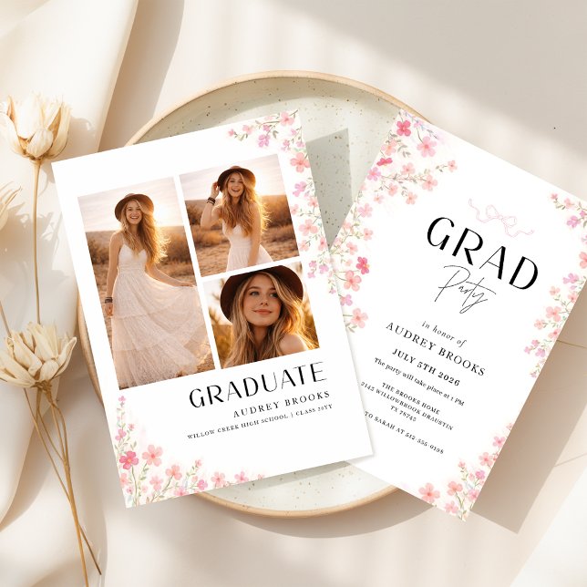 Wildflower Bow Grad Party Photo Collage Invitation (Creator Uploaded)
