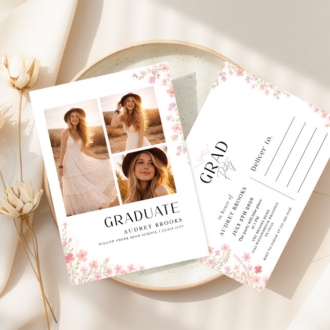 Wildflower Bow Photo Collage Graduation Invitation Postcard (Creator Uploaded)