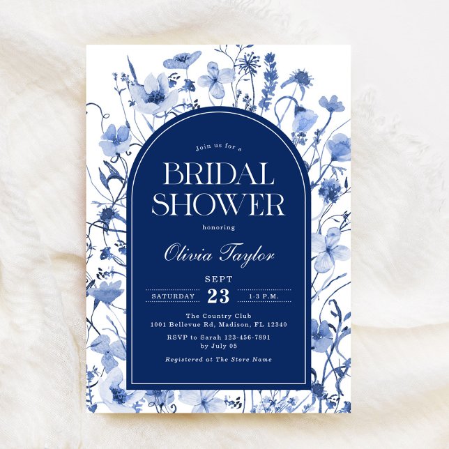 Wildflower Bridal Shower Floral Navy Blue Invitation (Creator Uploaded)