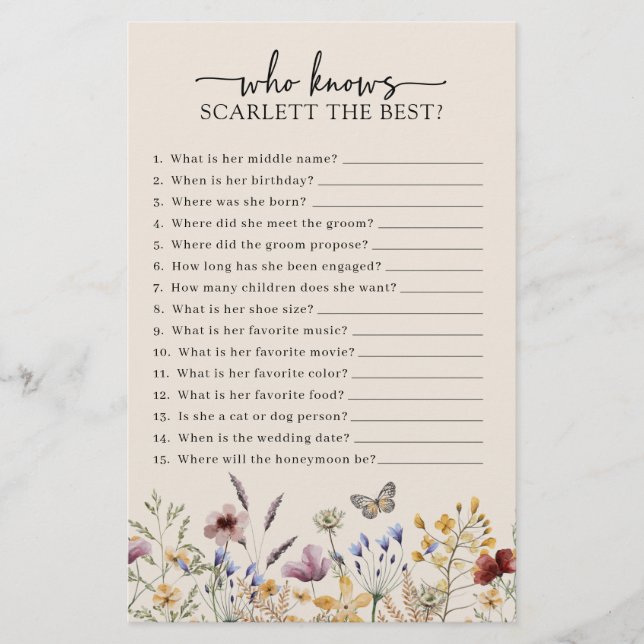 Wildflower Bridal Shower Game (Front)