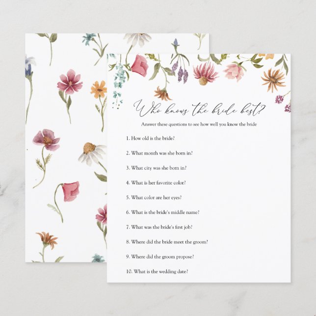 Wildflower Bridal Shower Game Who Knows Bride (Front/Back)