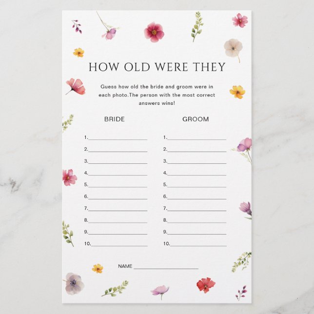 Wildflower Bridal Shower Guess Age Game (Front)