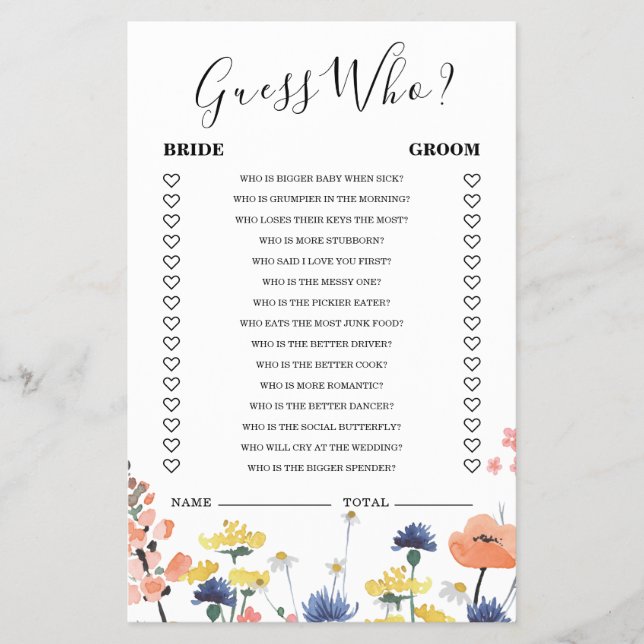 Wildflower bridal shower Guess Who Game Flyer (Front)