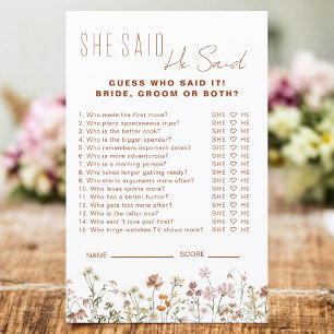 Wildflower Bridal Shower He Said She Said Game