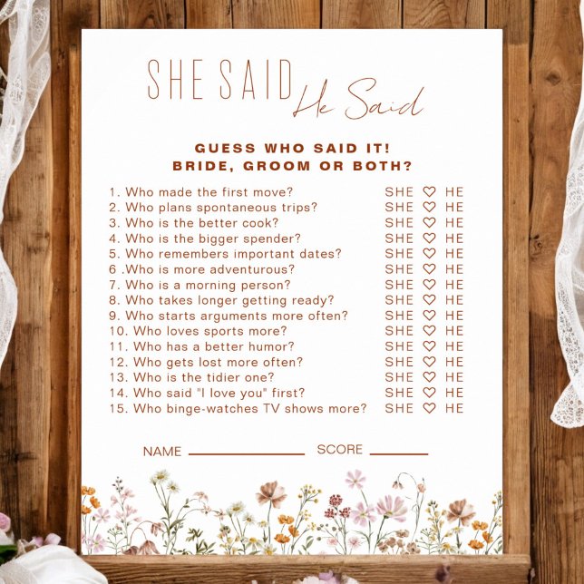 Wildflower Bridal Shower He Said She Said Game Poster (Creator Uploaded)