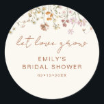 Wildflower Bridal Shower Let Love Grow Classic Round Sticker<br><div class="desc">Cultivate a blooming atmosphere at your bridal shower with our Wildflower Let Love Grow Sticker. This charming sticker features a delightful wildflower design, symbolising the growth of love. Perfect for adding a touch of natural beauty to invitations, favours, or decor, the sticker carries a whimsical and heartfelt sentiment. The "Let...</div>