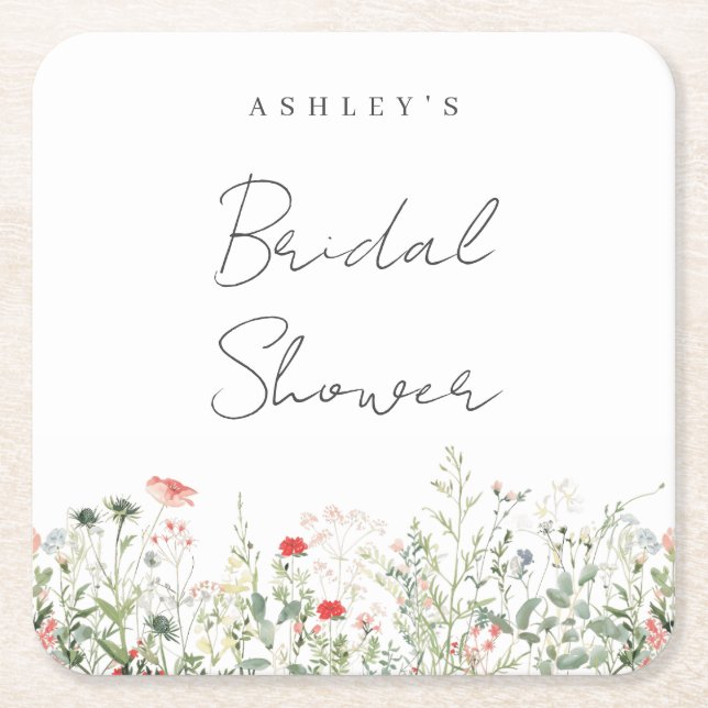 Wildflower Bridal Shower Square Paper Coaster (Front)