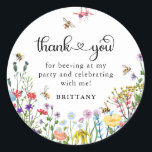 Wildflower & BumbleBee Kids Birthday  Classic Round Sticker<br><div class="desc">Adorable Birthday Party Stickers - design features a variety of colourful watercolor wildflowers and cute little bumble bees. The template includes the cute saying 'Thank you for bee-ing at my party' with a combination of calligraphy script and serif fonts.</div>