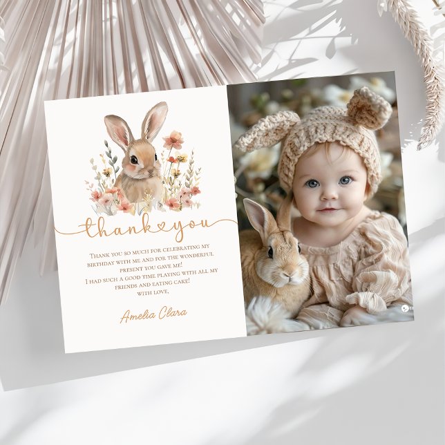 Wildflower Bunny Girl Birthday Photo Thank You Card (Creator Uploaded)