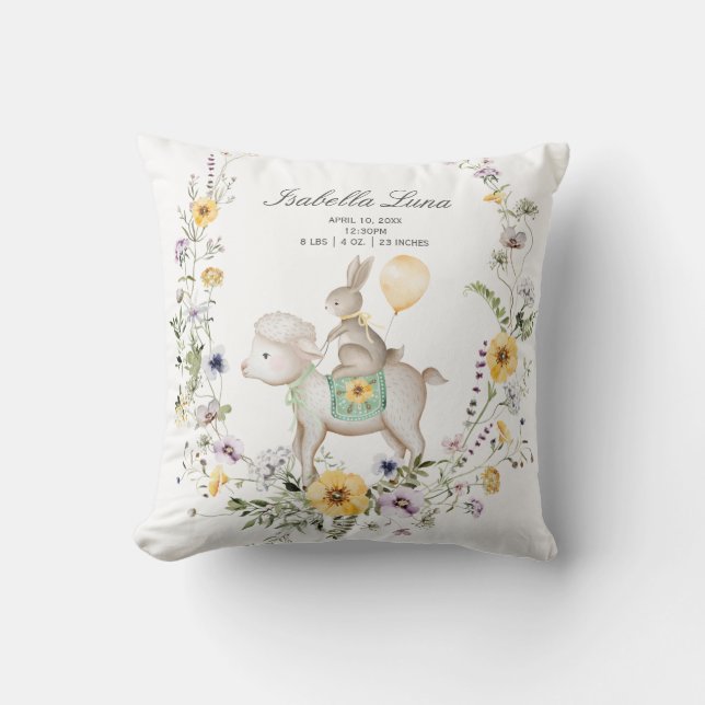 Wildflower Bunny & Lamb Wreath Newborn Easter Gift Cushion (Front)