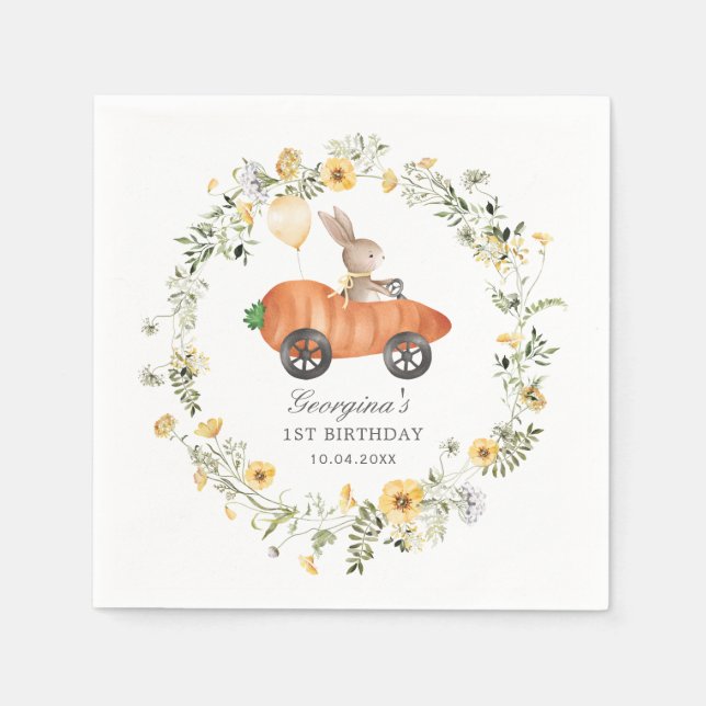 Wildflower Bunny Rabbit Riding Carrot Car Party Napkin (Front)