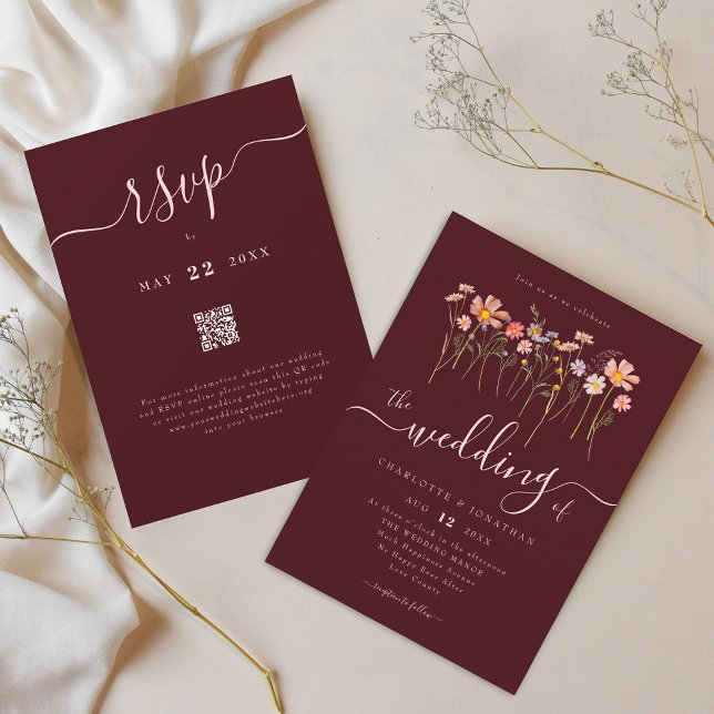 Wildflower Burgundy Blush Pink Wedding QR code Invitation (Wildflower boho floral burgundy blush pink wedding qr code invitation Whimsical script and flowers)