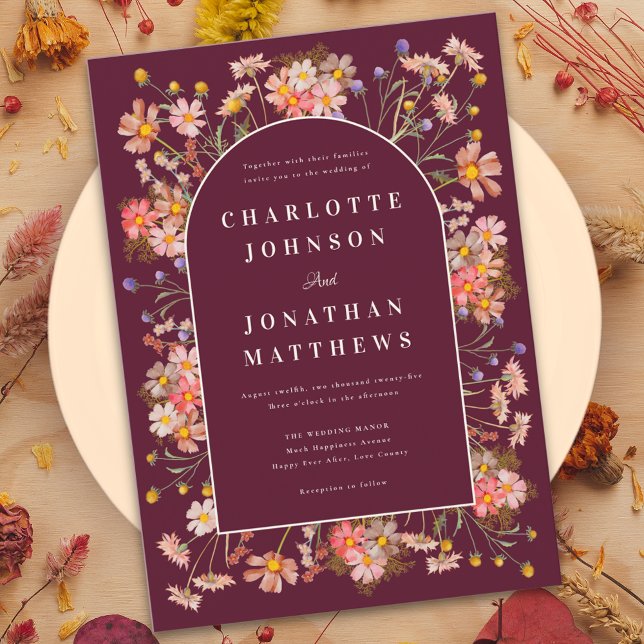 Wildflower Burgundy Burnt Orange Fall Wedding Invitation (Wildflower arch elegant script burgundy terracotta burnt orange fall wedding invitation )