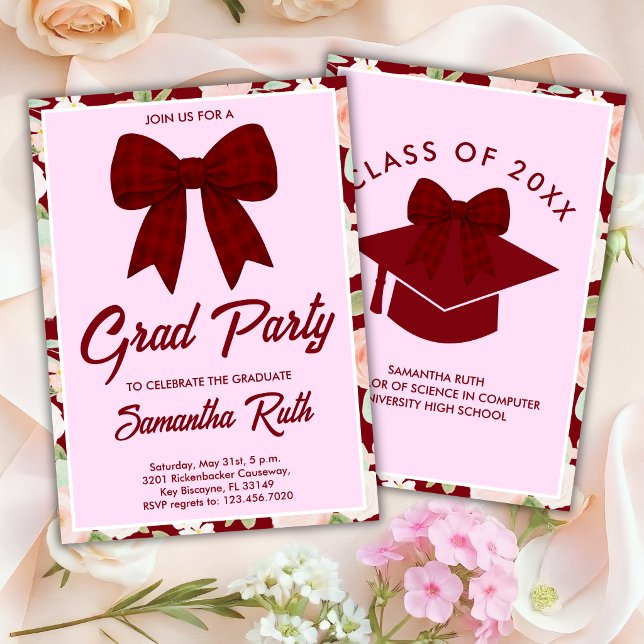 Wildflower Burgundy Gingham Bow Graduation Party Invitation (Creator Uploaded)
