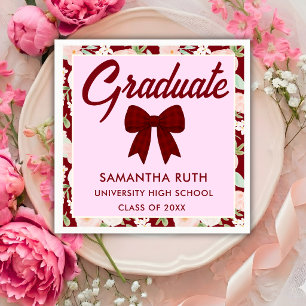 Wildflower Burgundy Gingham Bow Graduation Party Napkin
