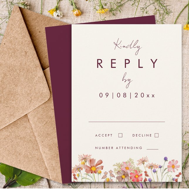 Wildflower Burgundy Terracotta Fall Wedding Reply RSVP Card (Wildflower boho burgundy terracotta fall wedding invitation reply enclosure card whimsical script)