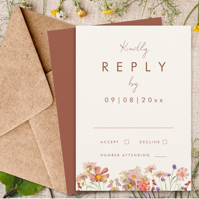 Wildflower Burnt Orange Fall Wedding Reply RSVP Card (Boho wildflower terracotta burnt orange fall wedding invitation reply enclosure card)