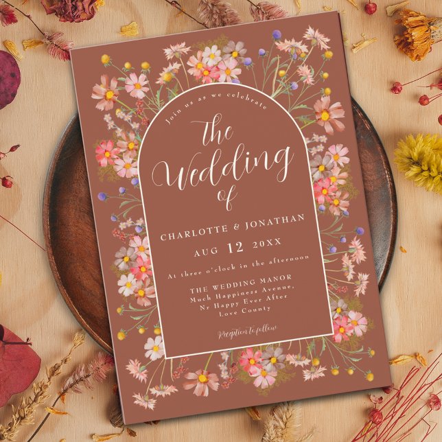 Wildflower Burnt Orange Terracotta Fall Wedding Invitation (Wildflower elegant arch burnt Orange terracotta fall wedding invitation )
