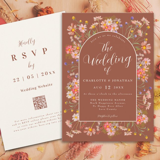 Wildflower Burnt Orange Terracotta Fall Wedding Invitation (Wildflower elegant floral arch terracotta burnt orange fall wedding invitation with rsvp qr code)