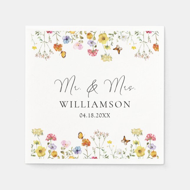 Wildflower Butterflies Boho Mr. & Mrs. Wedding Napkin (Front)
