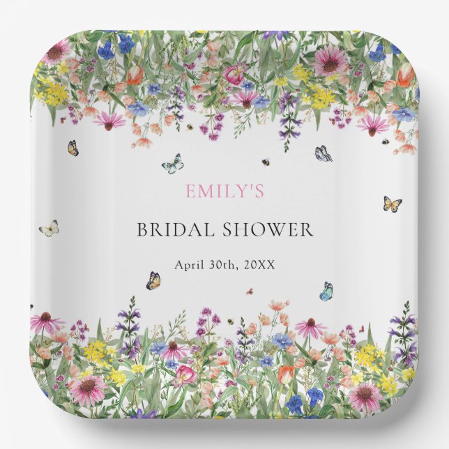 Wildflower Butterflies Floral Bridal Shower Paper Plate (Front)